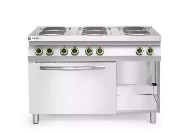 Električni štedilnik Kitchen Line – 6 kuhalnih plošč s konvekcijsko pečico GN 1/1, HENDI, Kitchen Line, 400 V/18600 W, 1200x700x(V)900 mm